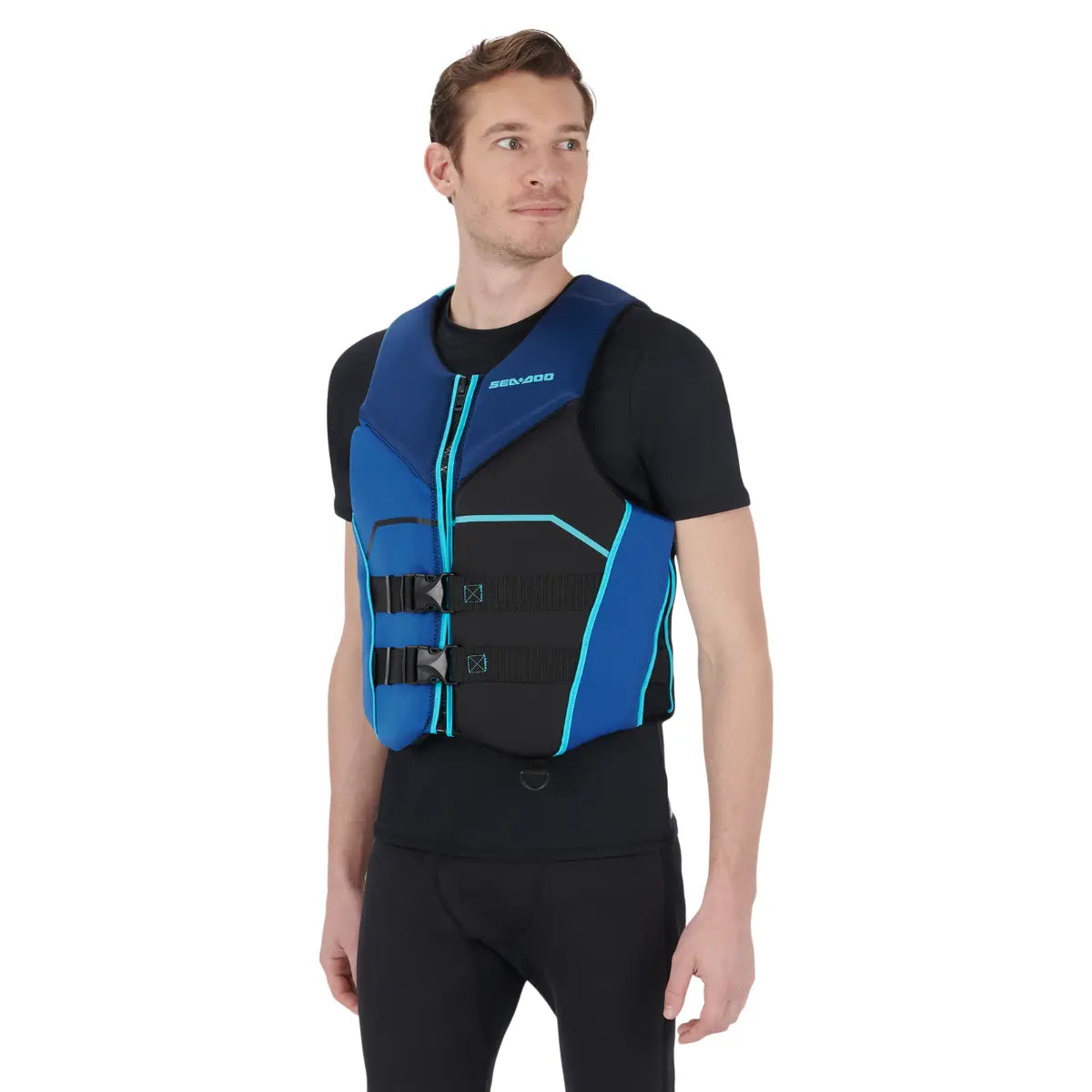 Man wearing a blue and black life vest on a white background