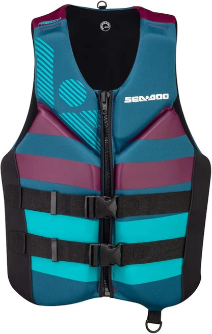 Blue and purple striped life vest with 'Sea-Doo' branding on a white background